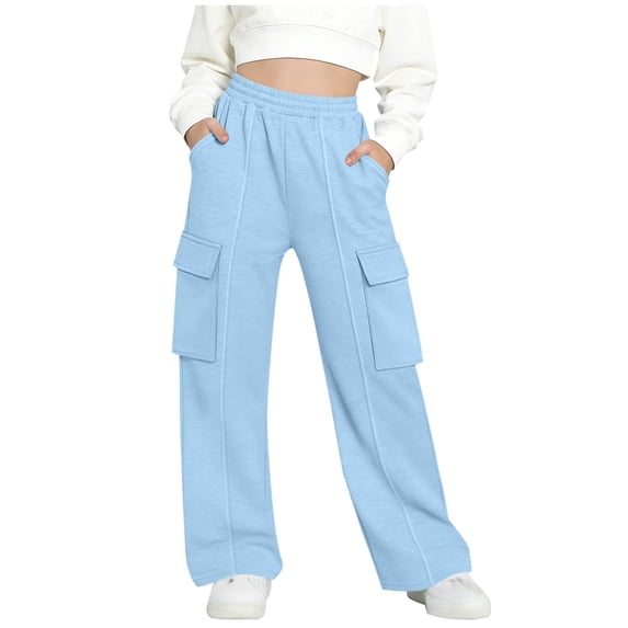 nerohusy Girls Wide Leg Cargo Sweatpants Baggy Elastic Waist Athletic Pants with Multi Pockets Casual Loose Pull On Outdoor Pants Blue,11-12 Years