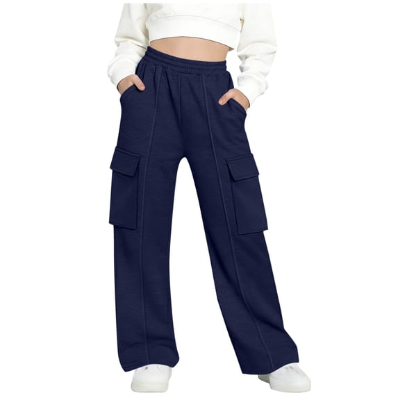 nerohusy Girls Wide Leg Cargo Sweatpants Baggy Elastic Waist Athletic Pants with Multi Pockets Casual Loose Pull On Outdoor Pants Navy,5-6 Years