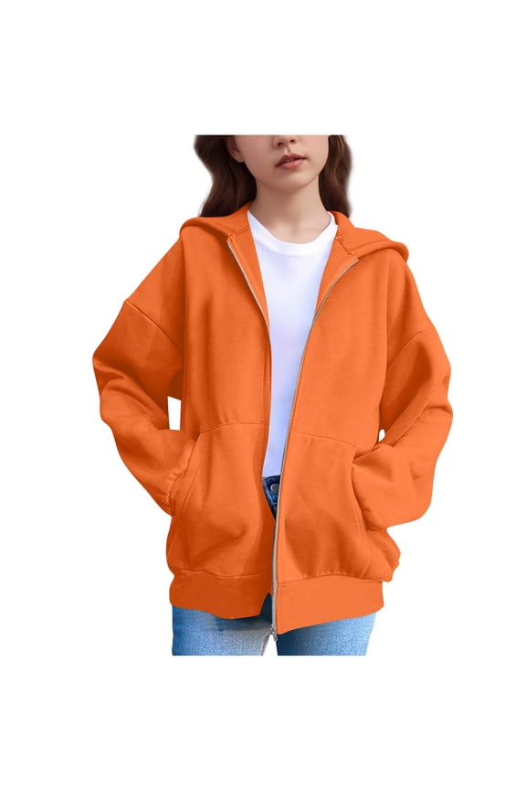 Girls Zip Up Hoodies Fall Cute Cat Ear Oversize Hoodie Jackets Casual Long Sleeve Hood Sweatshirt Coat 2025 Orange,120