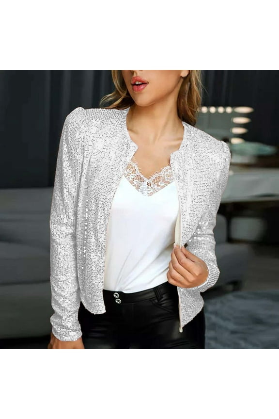 Glitter Blazer,Womens Sequin Jacket for Women Long Sleeve Open Front Glitter Cropped Blazer Coat Shiny Short Party Jackets 2024 Beige,L