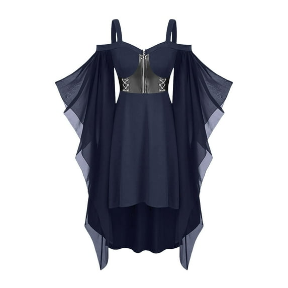 nerohusy Gothic Dresses for Women Cold Shoulder Short Sleeve Dress Medieval Vintage Dress Short Halloween Renaissance Costumes 2025 Navy,S