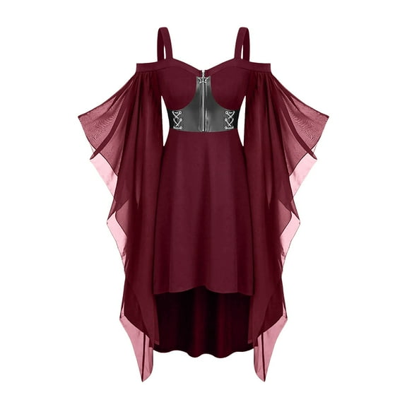 nerohusy Gothic Dresses for Women Cold Shoulder Short Sleeve Dress Medieval Vintage Dress Short Halloween Renaissance Costumes 2025 Wine,M