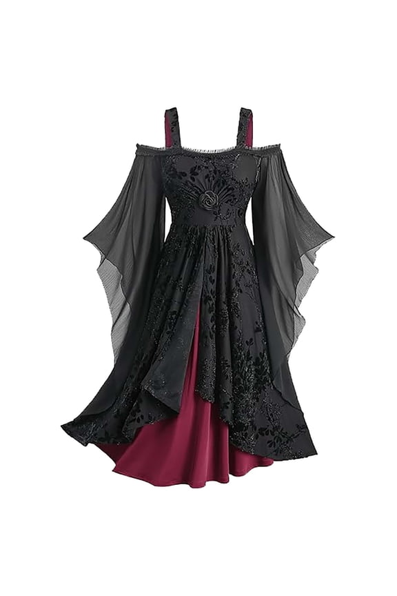 Gothic Dresses for Women Off Shoulder Bat Sleeve Halloween Dresses Cosplay Vintage Witch Medieval Steampunk Dress 2025 Red,S