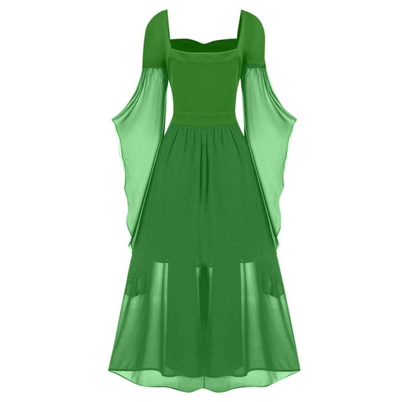 nerohusy Halloween Costumes for Women 2025 Cold Shoulder Fairy Dress Chiffon Lace up Vintage Dress Flare Shoulder Renaissance Dress Green,XXL