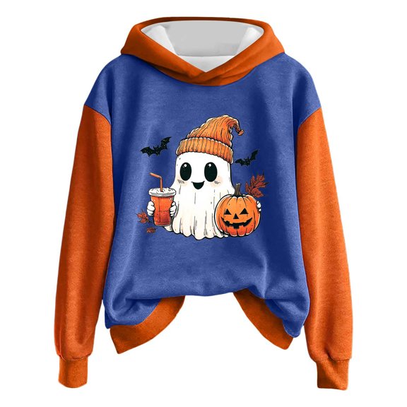 nerohusy Halloween Ghost Hooded Sweatshirts for Women Spooky Season Sweatshirt Lightweight Halloween Graphic Crewneck Pullover 2025 Blue,S