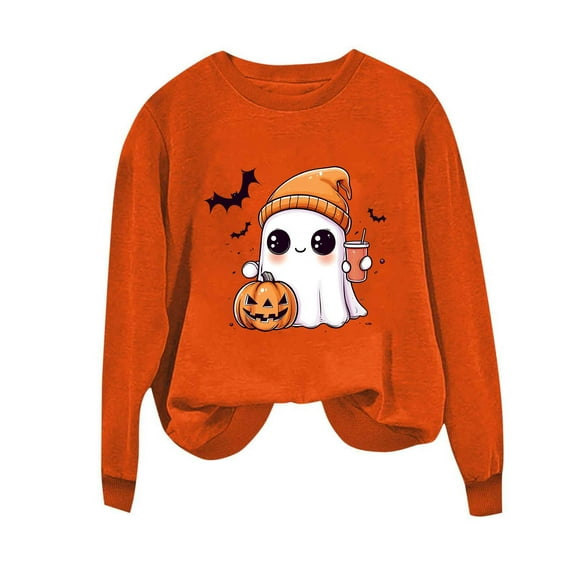nerohusy Halloween Sweatshirt for Women Cute Spooky Season Sweatshirts Graphic Pumpkin Ghost Bats Sweater Plus Size Outfit 2025 Orange,M