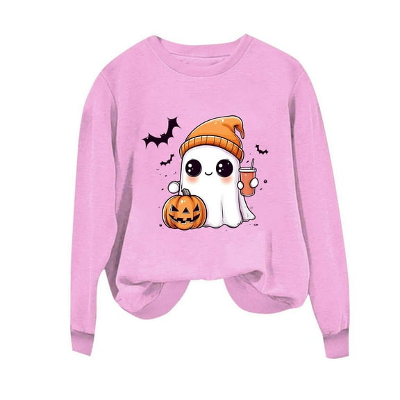 nerohusy Halloween Sweatshirt for Women Cute Spooky Season Sweatshirts Graphic Pumpkin Ghost Bats Sweater Plus Size Outfit 2025 Pink,M