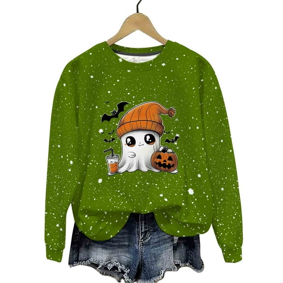 nerohusy Halloween Sweatshirts for Women Tie Dye Pumpkin Ghost Sweater Cute Spooky Season Sweatshirt Funny Graphic Clothes 2025 Army Green,S
