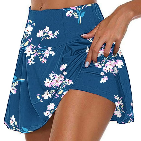 nerohusy Hawaiian Print Skorts for Women,2024 Womens Tennis Skirt Tummy Control Skorts Skirts High Waisted Built in Shorts Workout Golf Skort with Pockets,Blue,M