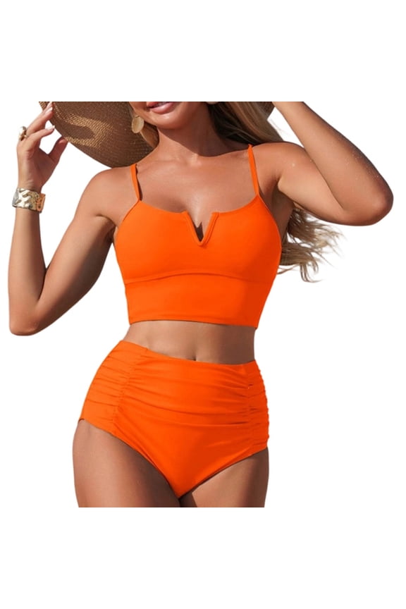 High Waist Bikini Bathing Suit for Women V Neck Cutout Back Two Piece Swimsuit Summer Vacation Swimwear Sets,Orange,XL