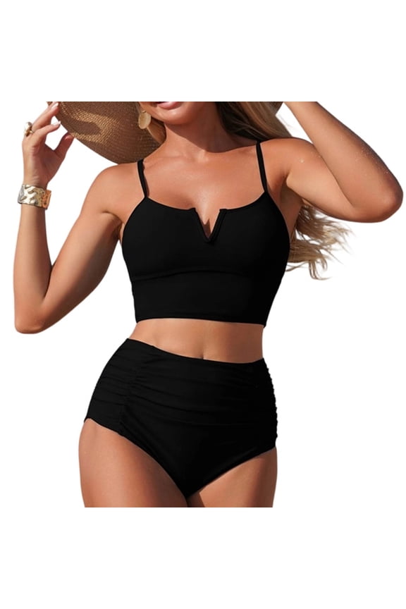 High Waisted Bikini Sets for Women V Wire Two Piece Tummy Control Swimsuits Crisscross Back Adjustable Strap Bathing Suit,Black,M