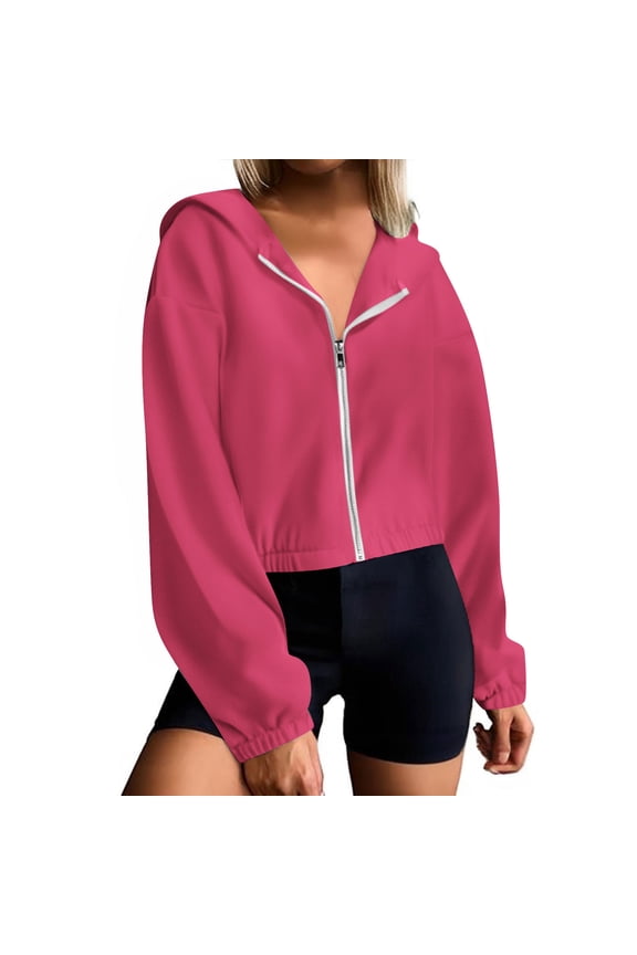 Hoodie Zipper Women Jackets Cropped Hooded Sweatshirts Fall Thin Casual Comfy Y2k Streetwear Hoodie Coat Hot Pink,L
