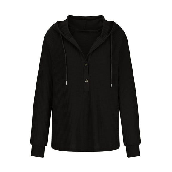 nerohusy Hoodies for Women Oversized Waffle Knit Casual Lightweight Sweatshirts Drawstring Button V Neck Long Sleeve Tops Black,S
