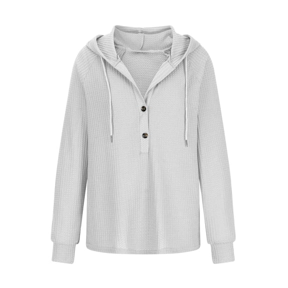 nerohusy Hoodies for Women Oversized Waffle Knit Casual Lightweight Sweatshirts Drawstring Button V Neck Long Sleeve Tops White,S