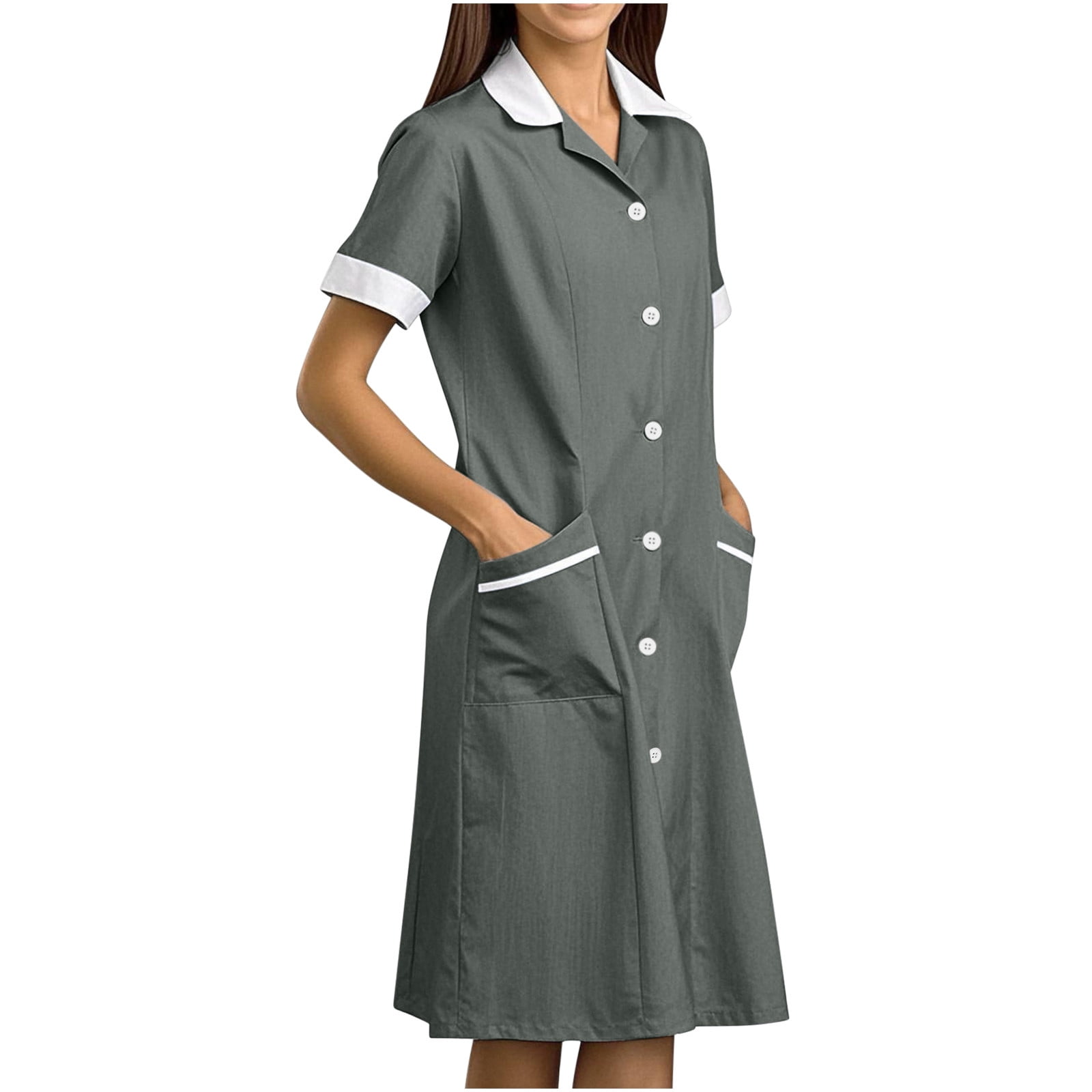 grey maid dress Nerohusy Housekeeping Maid Uniform Dress Womens Button Down Lapel Scrub Dresses Workwear Pocket Nurse Dress Short Sleeve Loose Dresses Dark Gray,L,