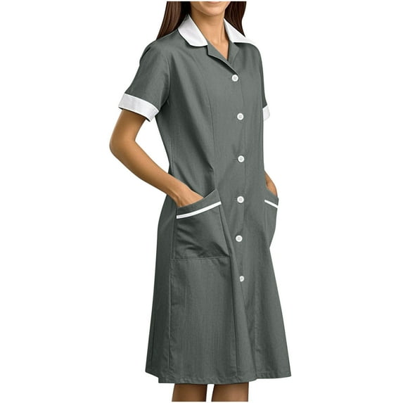 nerohusy Housekeeping Maid Uniform Dress Womens Button Down Lapel Scrub Dresses Workwear Pocket Nurse Dress Short Sleeve Loose Dresses Dark Gray,L