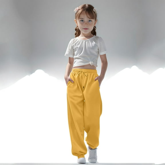 nerohusy Kids Girls Baggy Sweatpants Fall Trendy Elastic Waist Cinch Bottoms Heavyweight Jogger Trackpants Athletic Running Wear Yellow,7 Years