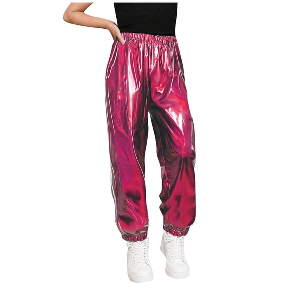 nerohusy Kids Metallic Pants Boys Girls Elastic Waisted Jogger Pants Casual Sparkly Performance Outfits Long Pants Hot Pink,13 Years