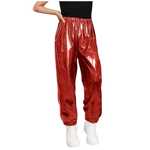 nerohusy Kids Metallic Pants Boys Girls Elastic Waisted Jogger Pants Casual Sparkly Performance Outfits Long Pants Red,3 Years