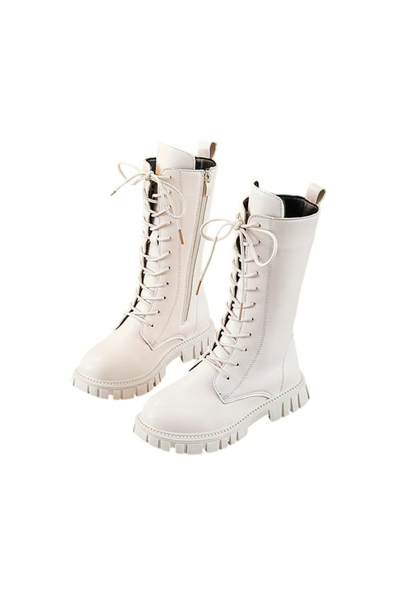 Kids Waterproof PU Leather Boots for Girls Lace Up Mid Calf Riding Boot Side Zipper Punk Goth Boots White 10-10.5Years