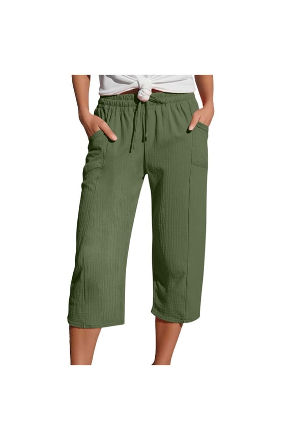 Knit Capris for Women Elastic Waist Wide Leg Capri Pants Summer Stretch Crop Pants Comfy Drawstring Beach Capris with Pockets Army Green,S