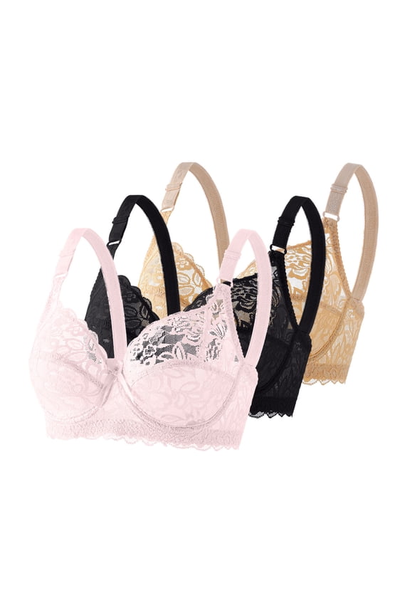 Lace Bra for Women Plus Size Breathable 3Pcs Bras Full Cups Adjustable Support & Side Coverage, Lightweight Comfort