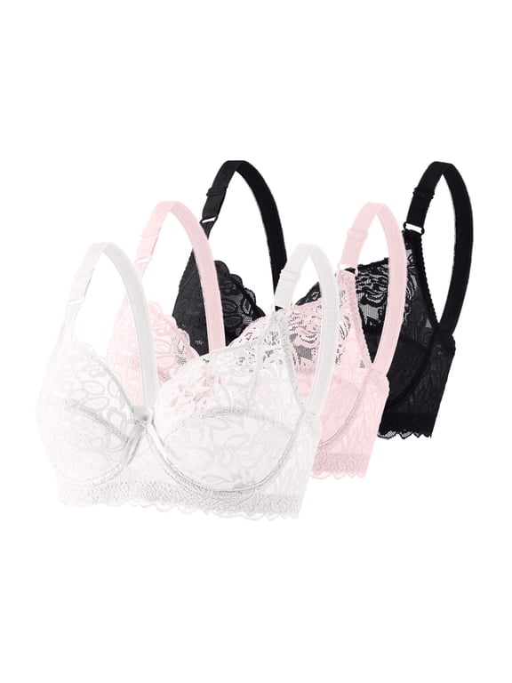 Lace Bras for Women Plus Size Breathable 3Pcs Bras Full Cups Adjustable Support & Side Coverage, Lightweight Comfort