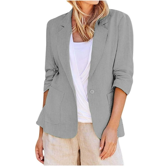 nerohusy Linen Blazer Women Summer Lightweight Single Button 3/4 Sleeve Blazers for Women Business Casual Suit Jacket with Pockets Gray,M
