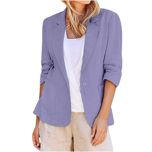 nerohusy Linen Blazer Women Summer Lightweight Single Button 3/4 Sleeve Blazers for Women Business Casual Suit Jacket with Pockets Purple,XXL