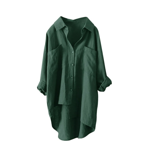 nerohusy Linen Blouse Tops for Women,Womens Cotton Linen Button Down Shirts with Pockets 2025 Long Sleeve Loose Fit Oversized Boyfriend Casual Tops Plus Size Green,XXXXL
