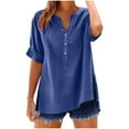 thumbnail image 1 of nerohusy Linen Button Down Shirt Women 2025 Summer Short Sleeve V Neck Plus Size Tops Dressy Casual Oversized Tshirts Blue,S, 1 of 8