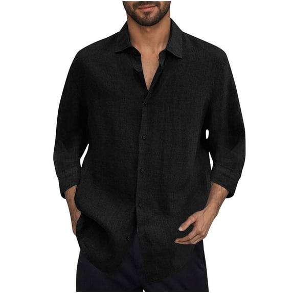 nerohusy Linen Long Sleeve Shirts for Men Casual Button Down Shirt Summer Beach Shirts Loose Fit Lightweight Hawaiian Vacation Tops Black,XXL