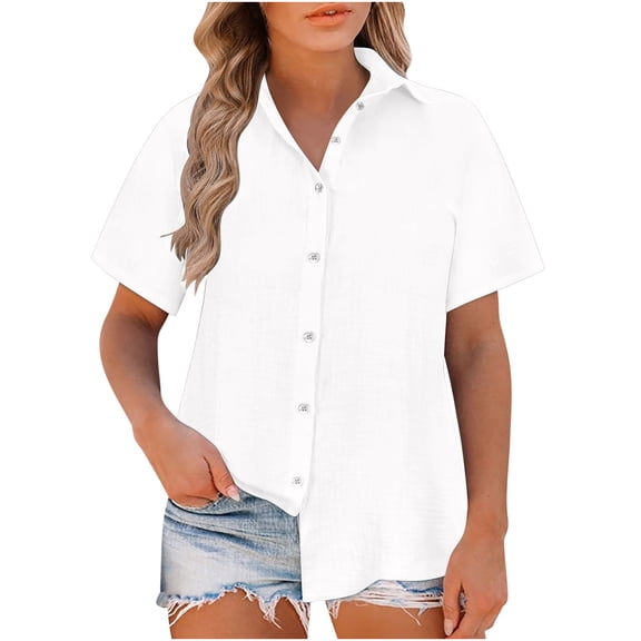 nerohusy Linen Plus Size Tops for Women Button Down Shirts Short Sleeve Cotton Linen Collared V Neck Solid Casual Work Gauze Blouses 2025 White,S