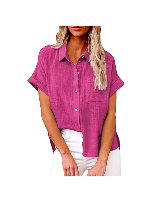 Linen Shirts for Women Plus Size Button Down Shirts Short Sleeve Cotton Linen Collared V Neck Solid Work Gauze Blouses 2025 Hot Pink,M