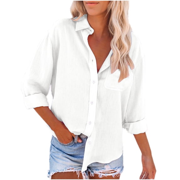 nerohusy Linen Shirts for Women with Pockets Long Sleeve Button Down Shirt Collared Blouse Loose Fit Vacation Beach Work Tops 2025 White,L