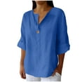 thumbnail image 1 of nerohusy Linen Tops for Women 2025 Summer Trendy 3/4 Sleeve Cotton Linen Shirt Casual Button V Neck Tunic Blouses Plus Size Blue,XL, 1 of 6