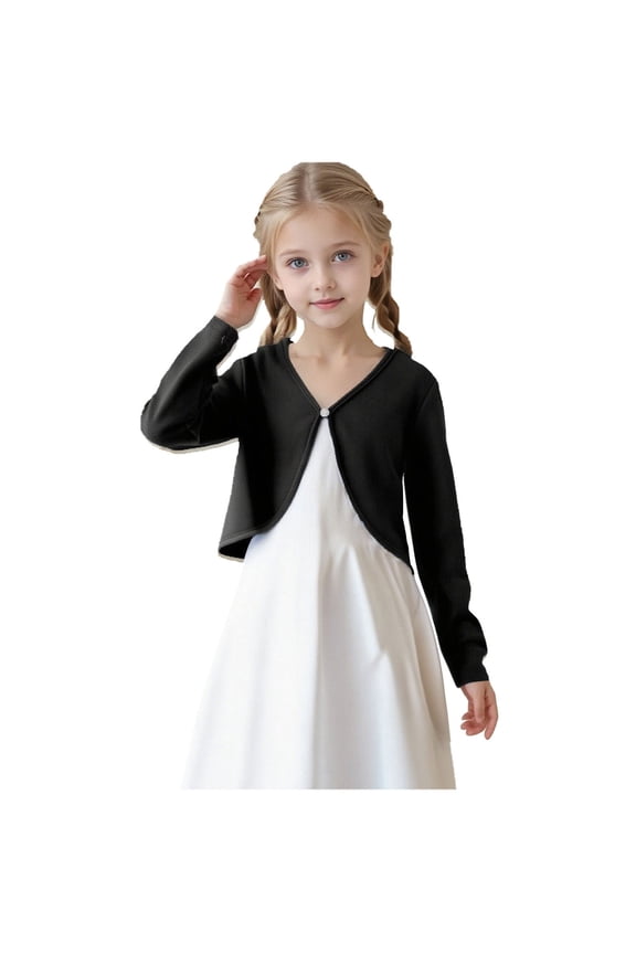 Little Girls Long Sleeve Cardigan Little Girls Cute Dressy Open Front Cardigan Tops Kids Cropped Bolero Shrugs Cover Up Fall Outfits Black,5-6 Y