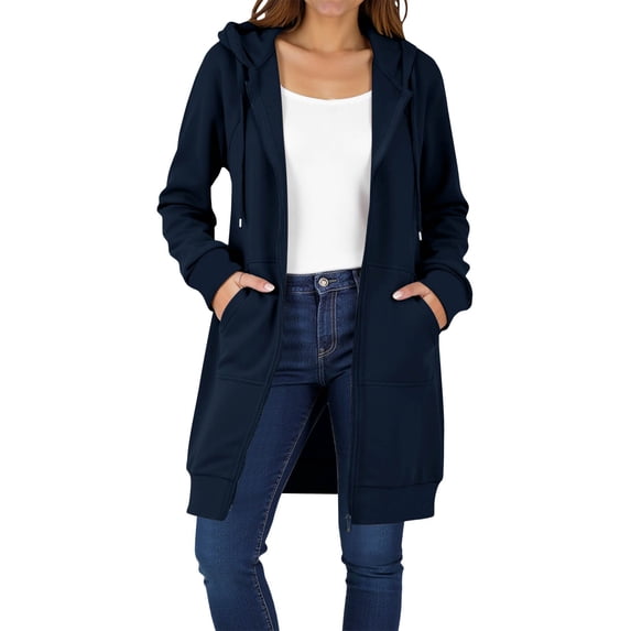 nerohusy Long Hoodies for Women Fall Trendy Zip Up Fleece Jackets Y2k Comfort Oversized Tunic Sweatshirts Winter Clothes 2025 Navy,S