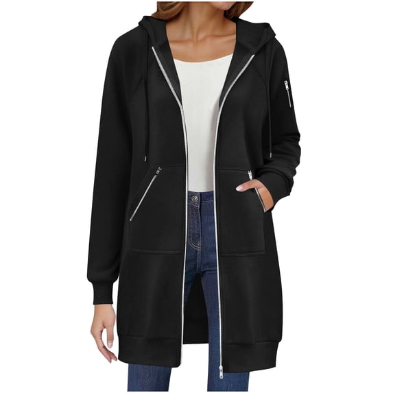 nerohusy Long Hoodies for Women Full Zip Up Fleece Jacket Comfortable Tunic Hooded Sweatshirts Fall Winter Hoodie Jacket with Zip Pockets Black,XXL