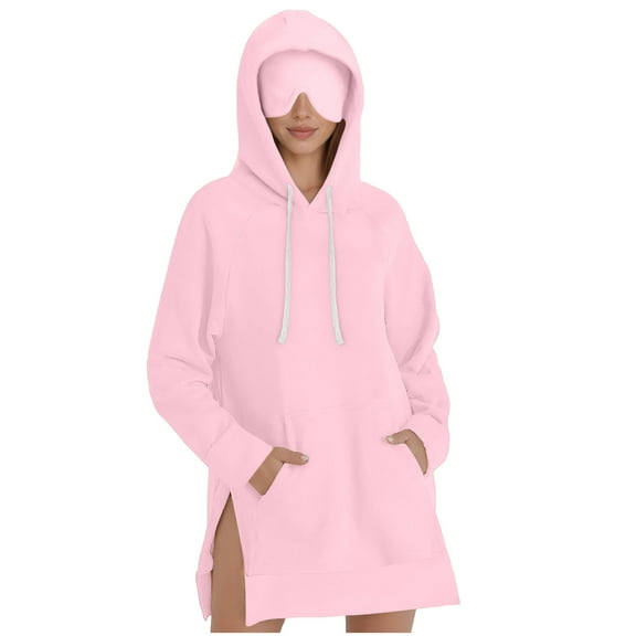 nerohusy Long Tunic Hoodies for Women with Designs Comfort Hoodie Airplane Mode Travel Hoodie with Built-in Eye Mask Pockets Sweatshirts Pink,M
