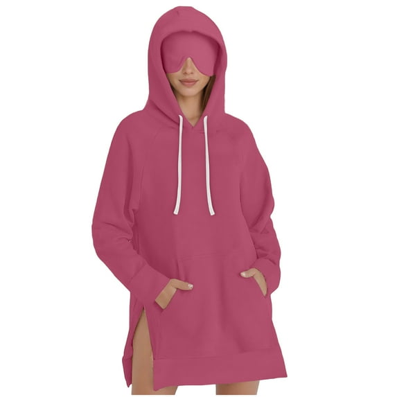 nerohusy Long Tunic Hoodies for Women with Designs Comfort Hoodie Airplane Mode Travel Hoodie with Built-in Eye Mask Pockets Sweatshirts Wine,M