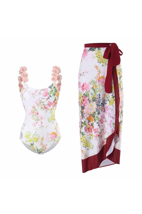 Matching Bathing Suits,Women 2 Pieces Beach Swimsuit Set with Cover up Wrap Skirt Bathing Suits Tropical Printed Halter Bikini Swimsuit L