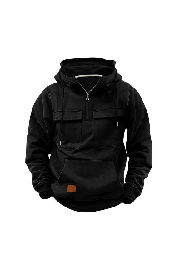 Men Tactical Sweatshirt Long Sleeve Quarter Zip Pullover Fleece Cargo Jacket Sweatshirt Vintage Workout Hoodies Black,XL