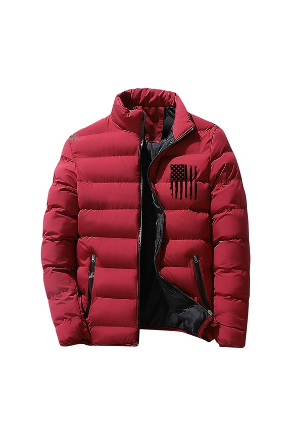 Men Winter Jackets Warm Down Jacket American Flag Print Full Zip Puffer Jacket Quilted Insulated Jacket Warm Puffy Jackets 2025 Wine,L