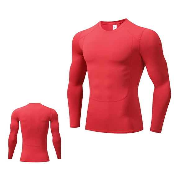 nerohusy Men's Compression Shirt Stretchy Slim Fit Long Sleeve Athletic Workout T-Shirts Top Active Sport Base Layer Undershirt Red,M