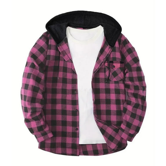 nerohusy Men's Flannel Hoodie Shirts Lightweight Button Down Plaid Shirt Jackets Fall Long Sleeve Stylish Hooded with Pocket 2025 Hot Pink,L