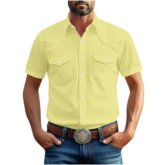 nerohusy Men's Linen Shirts Short Sleeve Cowboy Work Shirts Pearl Snap Button Down Cotton Western T-Shirt Summer Casual Blouse with Pockets Yellow,XL