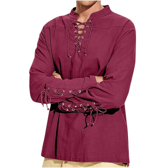 nerohusy Men's Renaissance Costume Medieval Linen Long Sleeve Lace Up Shirt V Neck Hippie Yoga Top for Halloween Pirate Cosplay 2025 Wine,M