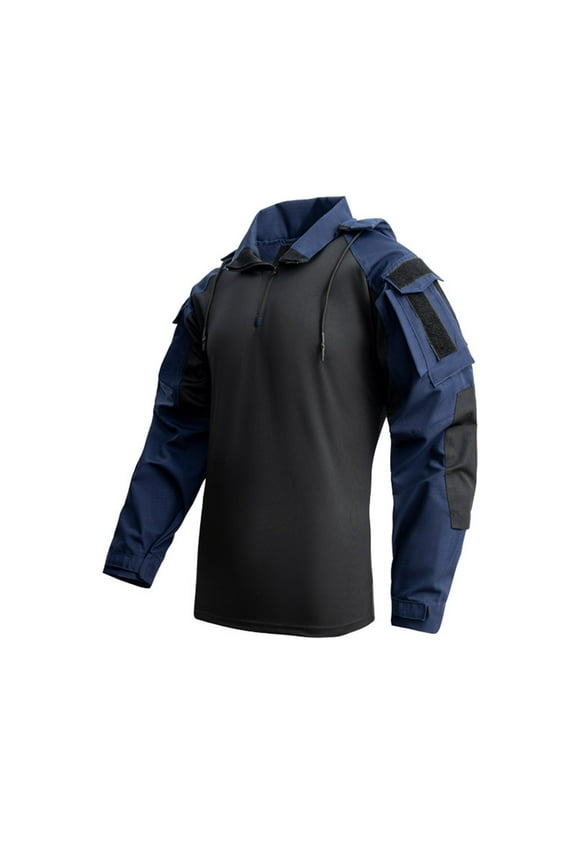 Men’s Tactical Shirt with Elbow Pads 1/4 Zipper Collar Sweatshirts Long Sleeves Top Military Pullover Combat T-Shirt with Hood Blue,S