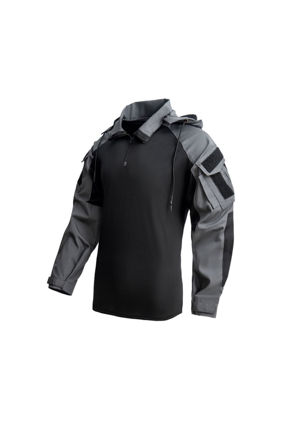 Men’s Tactical Shirt with Elbow Pads 1/4 Zipper Collar Sweatshirts Long Sleeves Top Military Pullover Combat T-Shirt with Hood Gray,XL